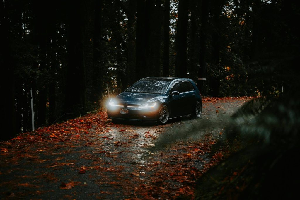car on autumn forest road